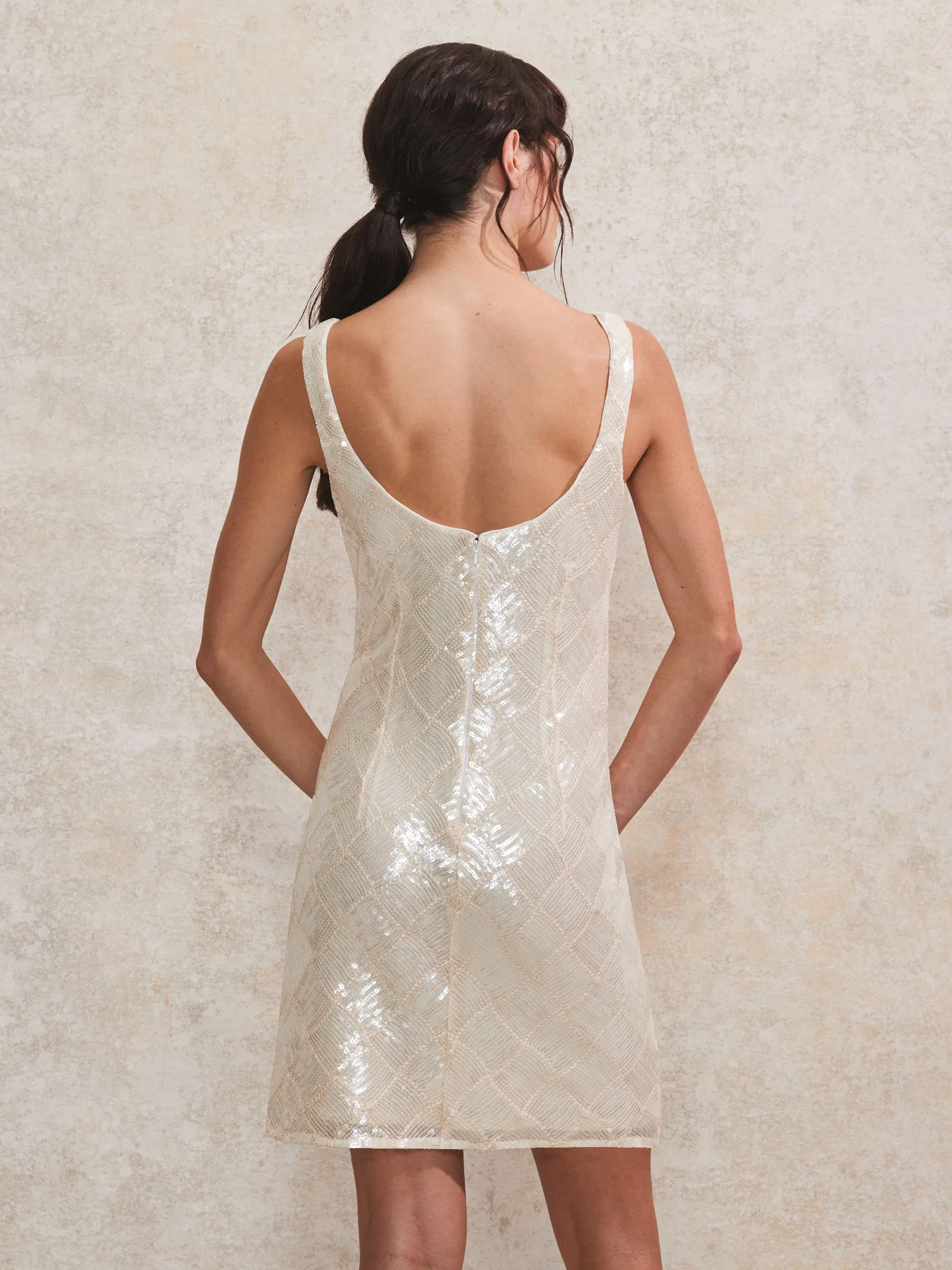 White Sequin Square-Neck Mini Dress