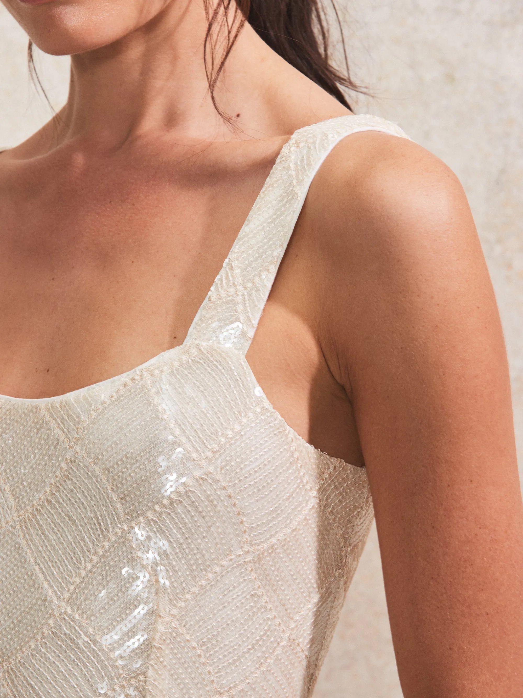 White Sequin Square-Neck Mini Dress